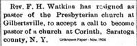 Watkins, Rev. F. H. (ResignationGilbertsville,NY)